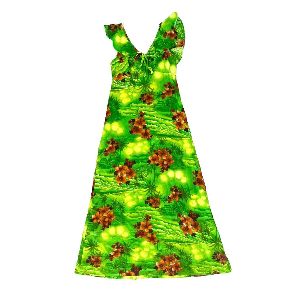 POMARE‎ Hawaii Bright Green Vintage Maxi Dress Floral